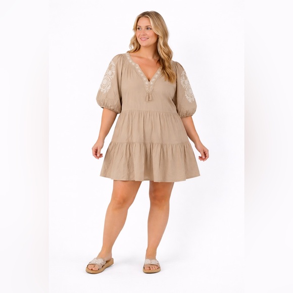 crown & ivy Dresses & Skirts - Crown & Ivy Tan Embroidered Puff-Sleeve Tiered Midi Dress